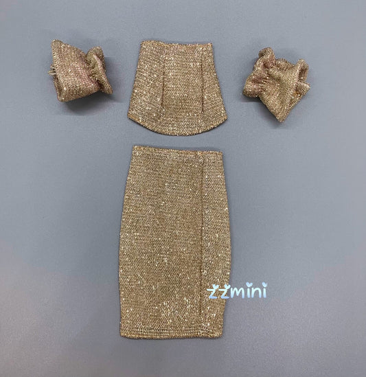 4PCS Fashion Doll GOLD Dress Suit Top and Long Skirt Outfit For 11.5in Fashion Royalty Silkstone BJD Dresses Clothes