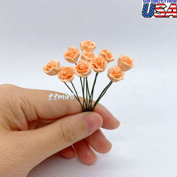 10PCS Light Orange Roses 1/12 Dollhouse Miniature Handmade Flower Home Living Room Bedroom Decoration