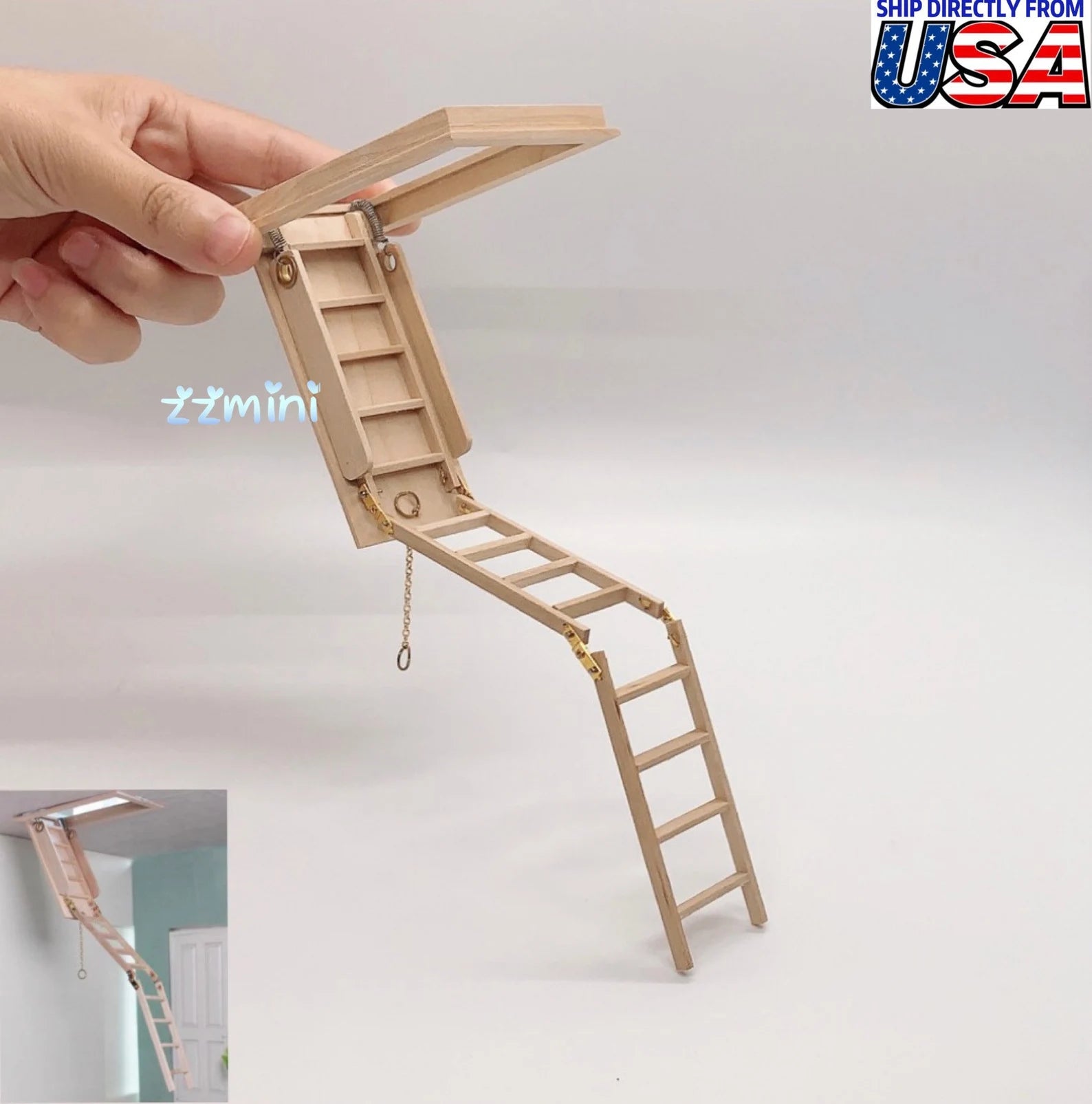 1/12 Dollhouse Miniatures Wood Opening Attic Stair Ceiling Folding Ladder OPEN SIZE 22.5CM