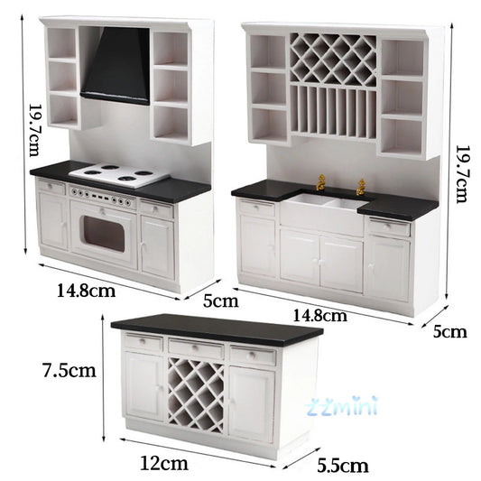 3pcs Dollhouse Miniature Luxury Kitchen Set White Kitchen With Black Top Furniture