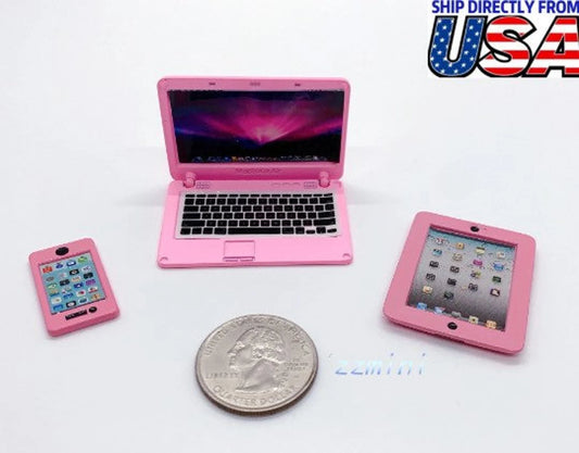 3PCS Dollhouse Miniature 1:12 Pink Laptop Computer Tablet Cell Phone Sets