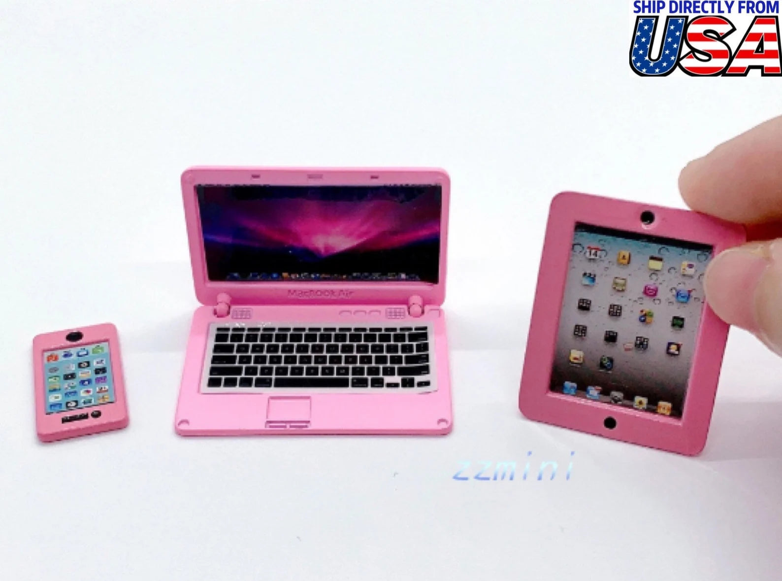 3PCS Dollhouse Miniature 1:12 Pink Laptop Computer Tablet Cell Phone Sets
