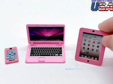 3PCS Dollhouse Miniature 1:12 Pink Laptop Computer Tablet Cell Phone Sets