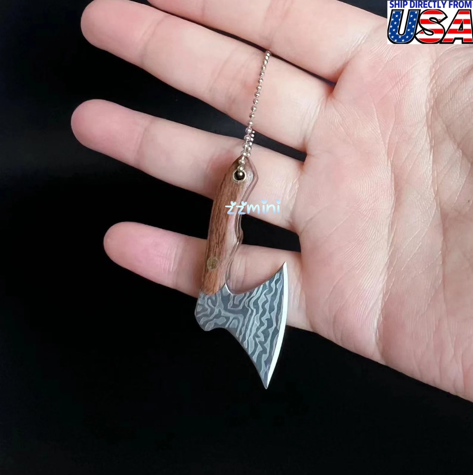 World Smallest Real Miniature Tiny Working Pocket Damascus Steel Axe Knife With Leather Sheath Pendant Keychain Tool
