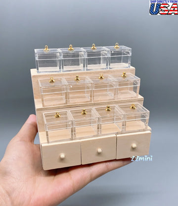 Dollhouse Miniature Candy Shop Kitchen Display Cabinet 3 Drawers Shelf With 12 Free Candy Jars Storage Boxes GIFT