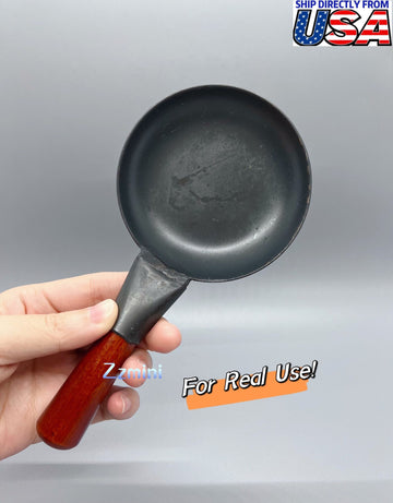 Dollhouse Miniature Real Mini Cooking Cast Iron Frying Flat Wok Pot Pan With Wood Handle Miniature Kitchen For The Tiny Food