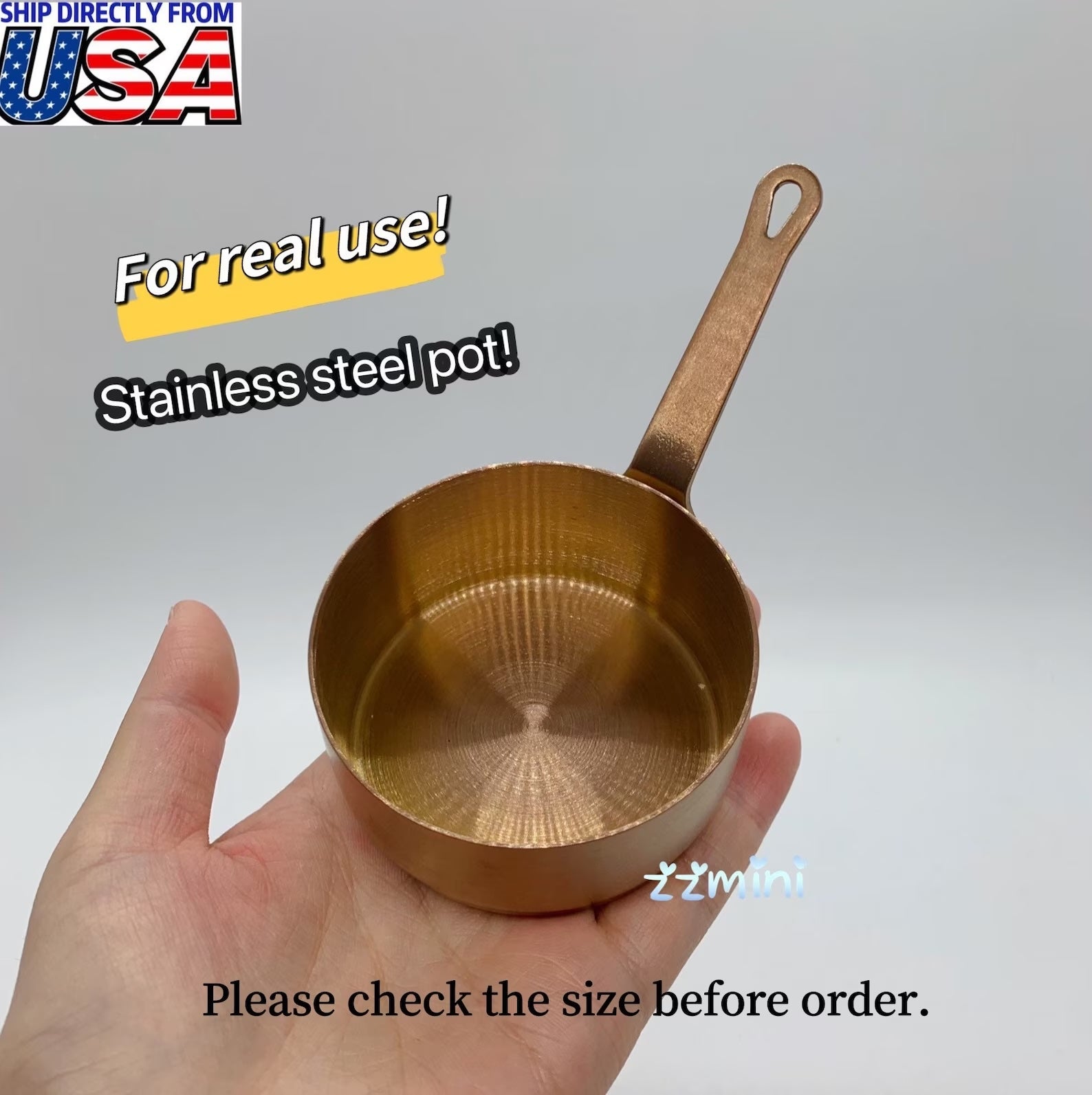 Dollhouse Miniature Stainless Steel Golden Pot Round Pan With Handle Cooking Supply Can Cook Real Mini Food Or Play Kitchen Toy