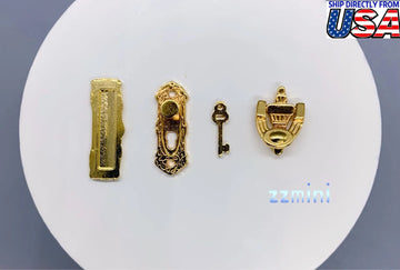 4PCS Dollhouse Miniature Golden Metal Door Handle Door Lock Key Delivery Port Furniture Decoration