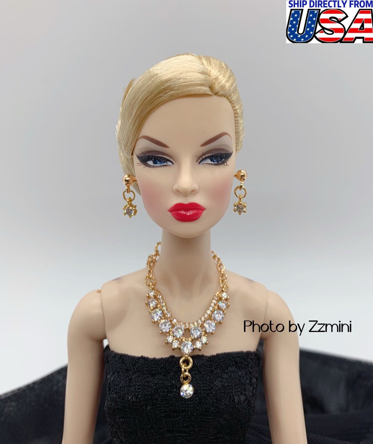 Handmade Fashion Doll Jewelry Rhinestones Earring and Necklace Set Accessories