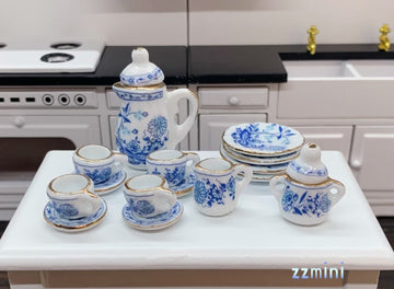 15PCS Dollhouse Miniature 1:12 Blue And White Porcelain Tea Tableware Set Dish Cup China Coffee Plate