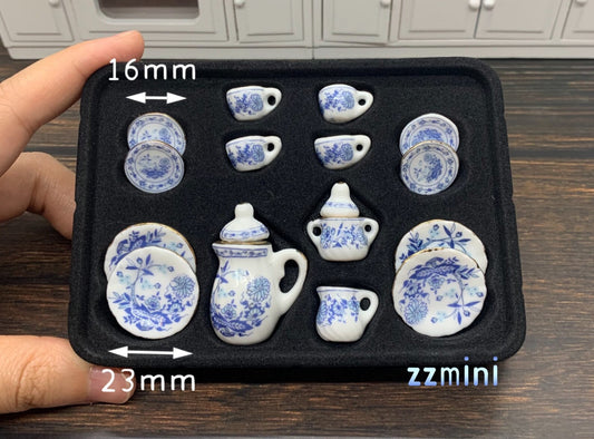 15PCS Dollhouse Miniature 1:12 Blue And White Porcelain Tea Tableware Set Dish Cup China Coffee Plate