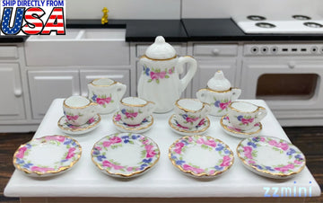 15pcs Doll House 1:12 Scale dish cup Miniature China Coffee Tea Set pink flower