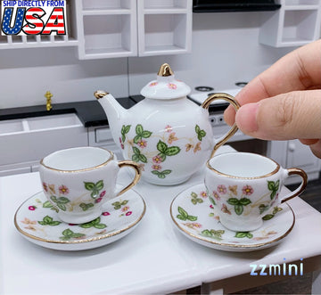 5PCS Dollhouse Miniature 1:12 Green And White Porcelain Tea Tableware Set Dish Cup China Coffee Plate