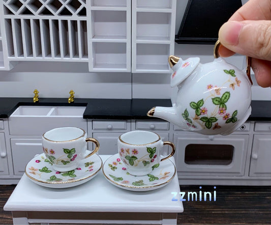 5PCS Dollhouse Miniature 1:12 Green And White Porcelain Tea Tableware Set Dish Cup China Coffee Plate