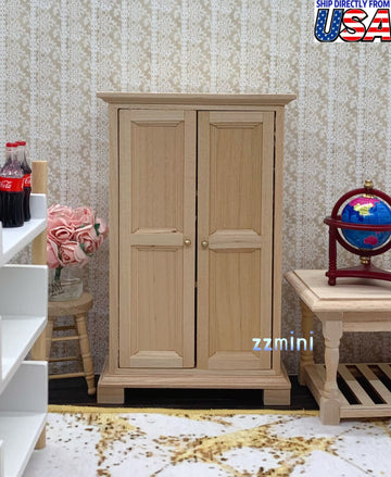 1/12 Dollhouse Miniature 2 Doors Unfinished Wardrobe Armoire Wooden Closet Hutch Cabinets Can Be Painted