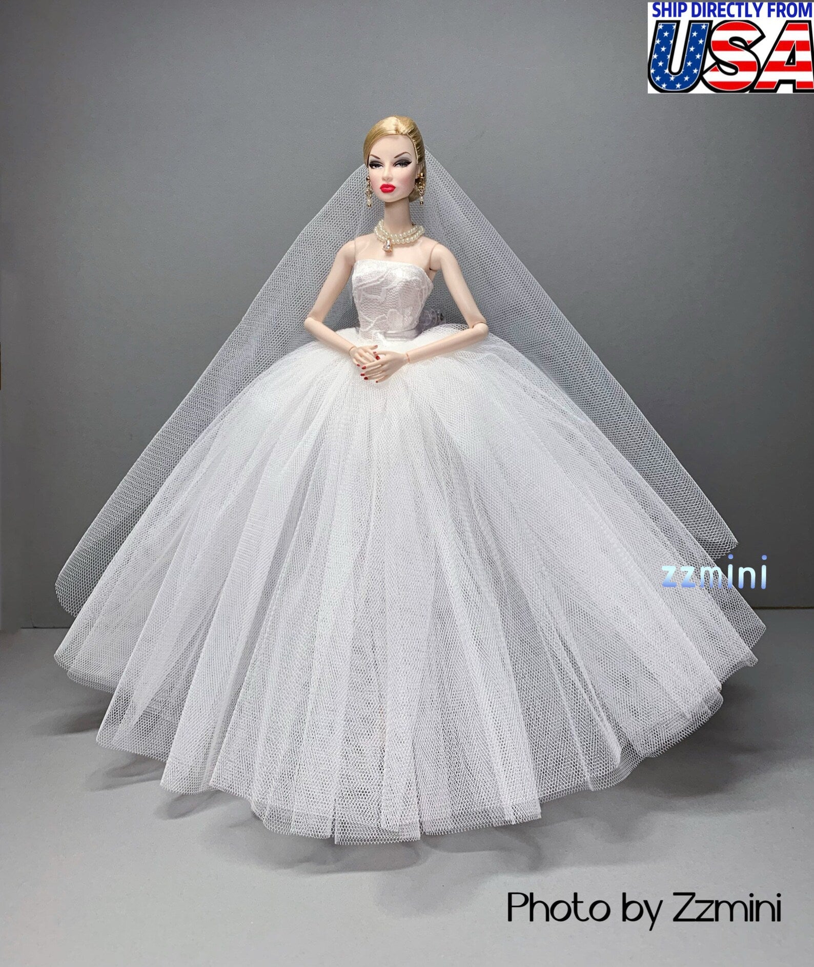 White Wedding Dress for 11.5inch Fashion Doll Long Evening Dress 1/6 Clothes with free Head Veil