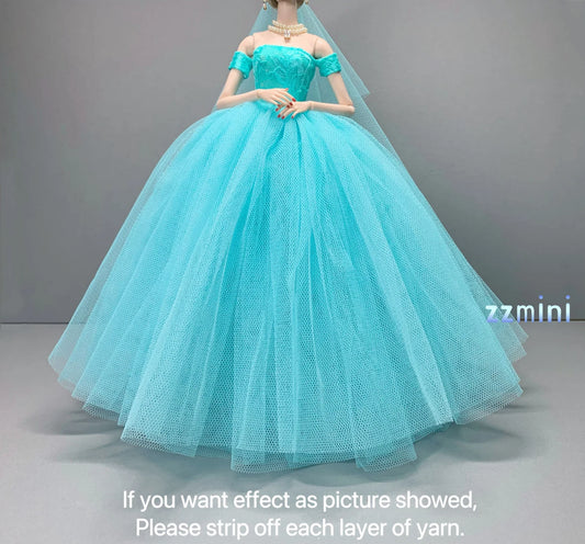 Wedding Dress for 11.5inch Fashion Doll Lake Blue Long Evening Dress 1/6 Clothes with free Head Veil