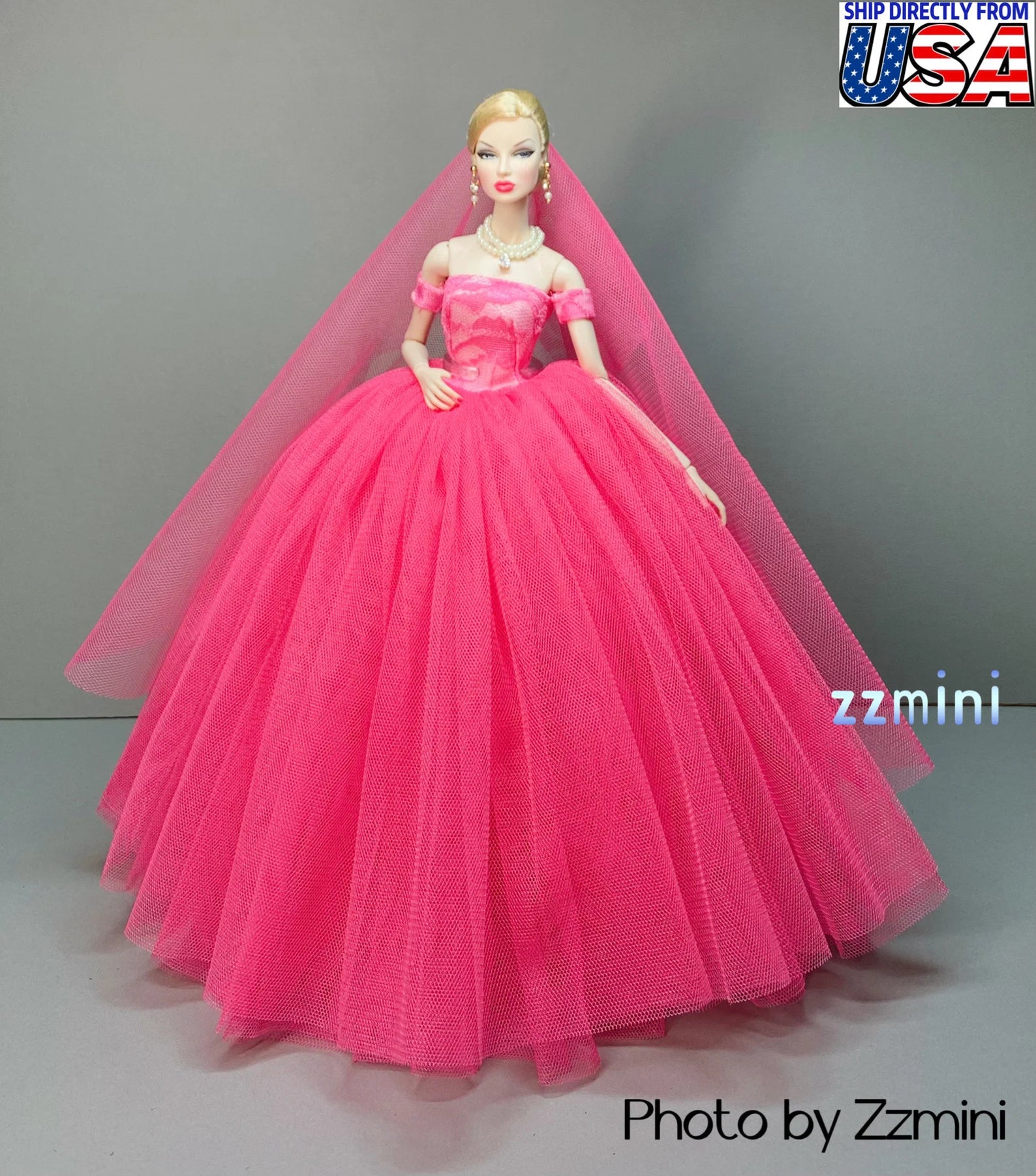 Hot Pink Wedding Dress for 11.5inch Fashion Doll Long Evening Dress 1/6 Clothes with free Head Veil
