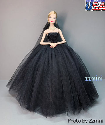 Black Wedding Dress for 11.5inch Fashion Doll Long Evening Dress 1/6 Clothes with free Head Veil