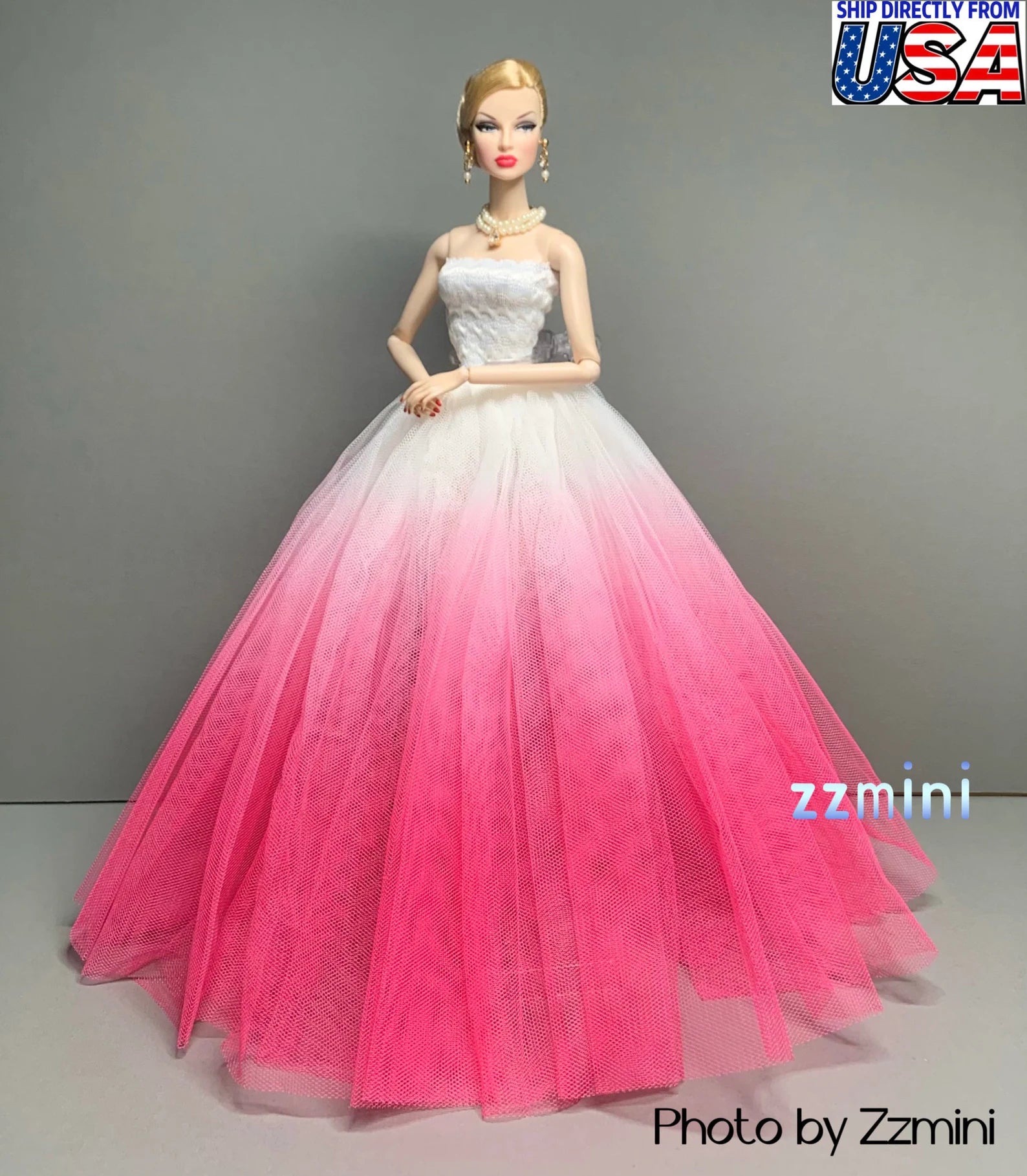 High Quality Handmade Clothes For 11.5'' / 30cm Fashion Doll Dress Gradient Color Pink & White Gown Wedding Dress