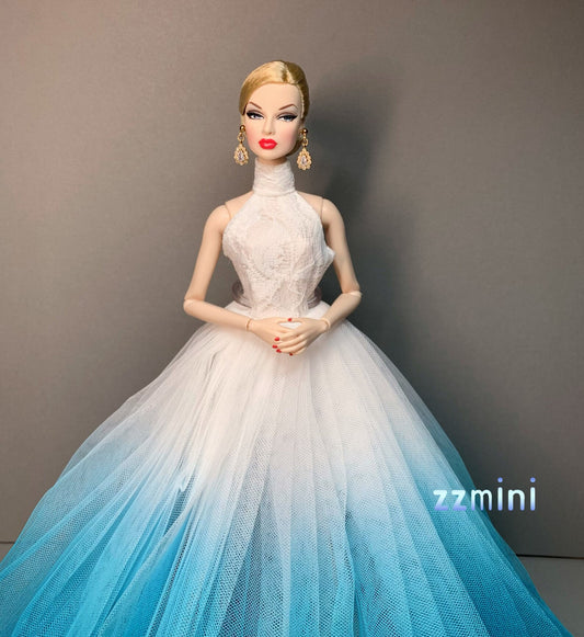 Fashion Doll Wedding Dress for 11.5in Long Evening Dresses Doll Clothes Blue & White Party Dress