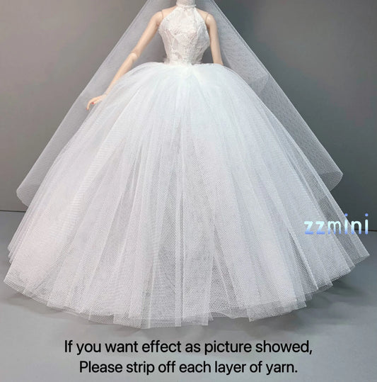 1:6 Fashion Doll Wedding Dress for 11.5in Long Evening Dresses Doll Clothes White Party Dress With Free Head Veil