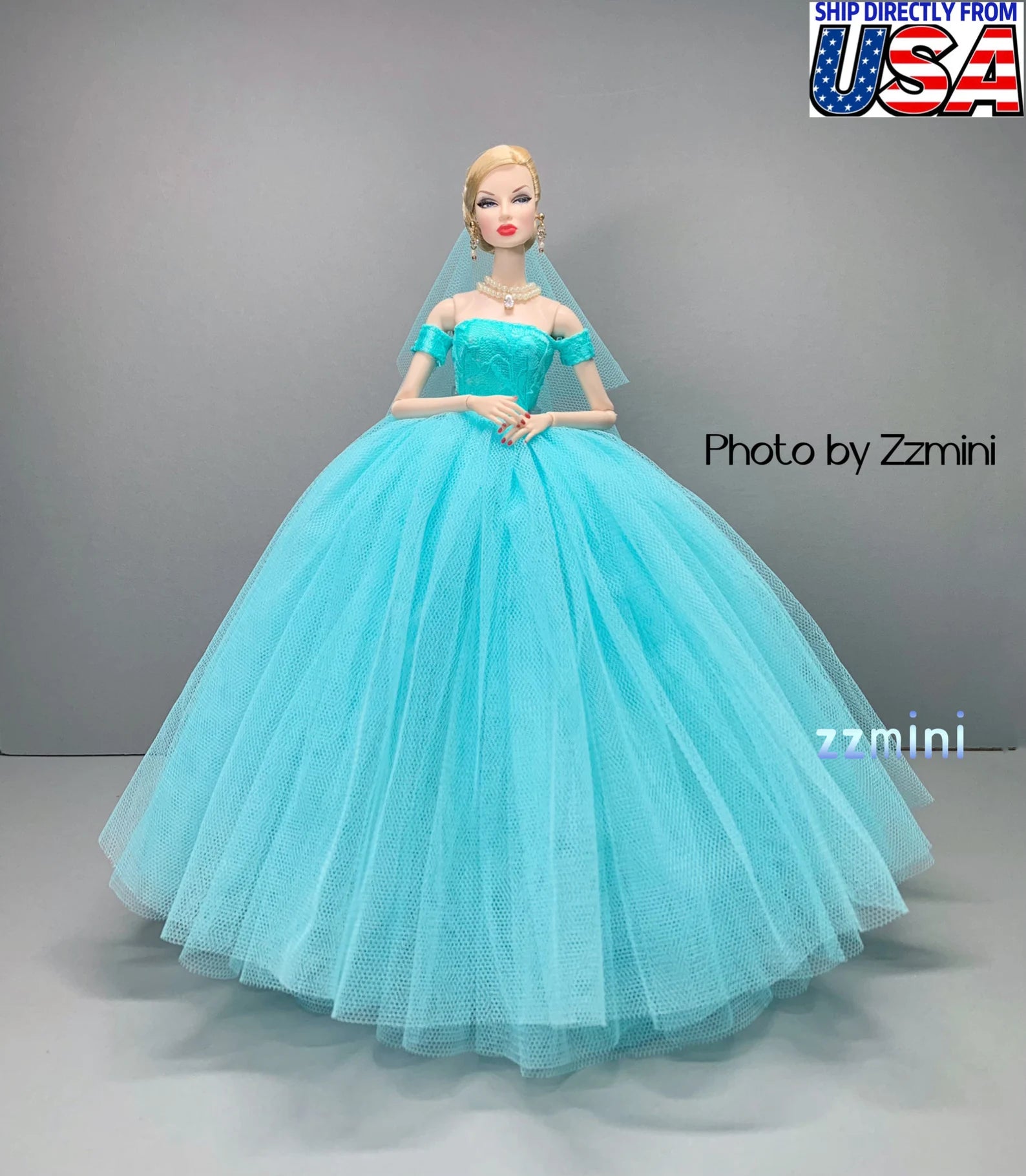 Wedding Dress for 11.5inch Fashion Doll Lake Blue Long Evening Dress 1/6 Clothes with free Head Veil