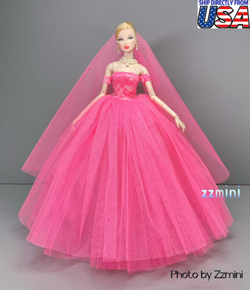 Rose Pink Wedding Dress for 11.5inch Fashion Doll Tiffany Blue Long Evening Dress 1/6 Clothes with free Head Veil