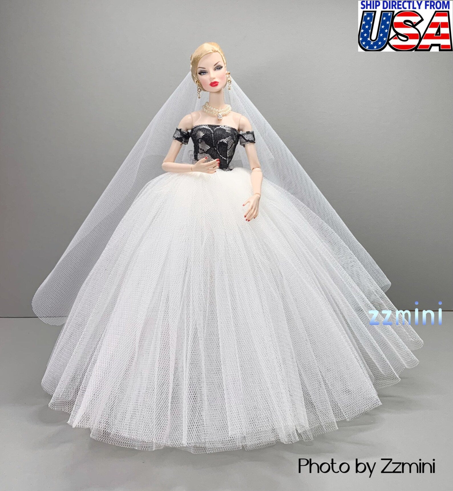 White And Black Wedding Dress for 11.5inch Fashion Doll Tiffany Blue Long Evening Dress 1/6 Clothes with free Head Veil