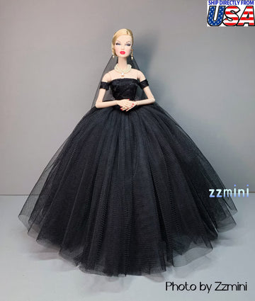 Fashion Doll Princess Wedding Dress Doll Crown for 11.5in Long Evening Dresses Doll Clothes Black party with Free Head Veil