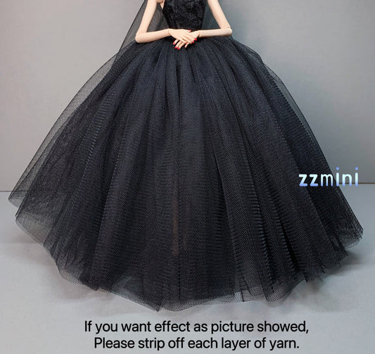 Black Wedding Dress for 11.5inch Fashion Doll Long Evening Dress 1/6 Clothes with free Head Veil