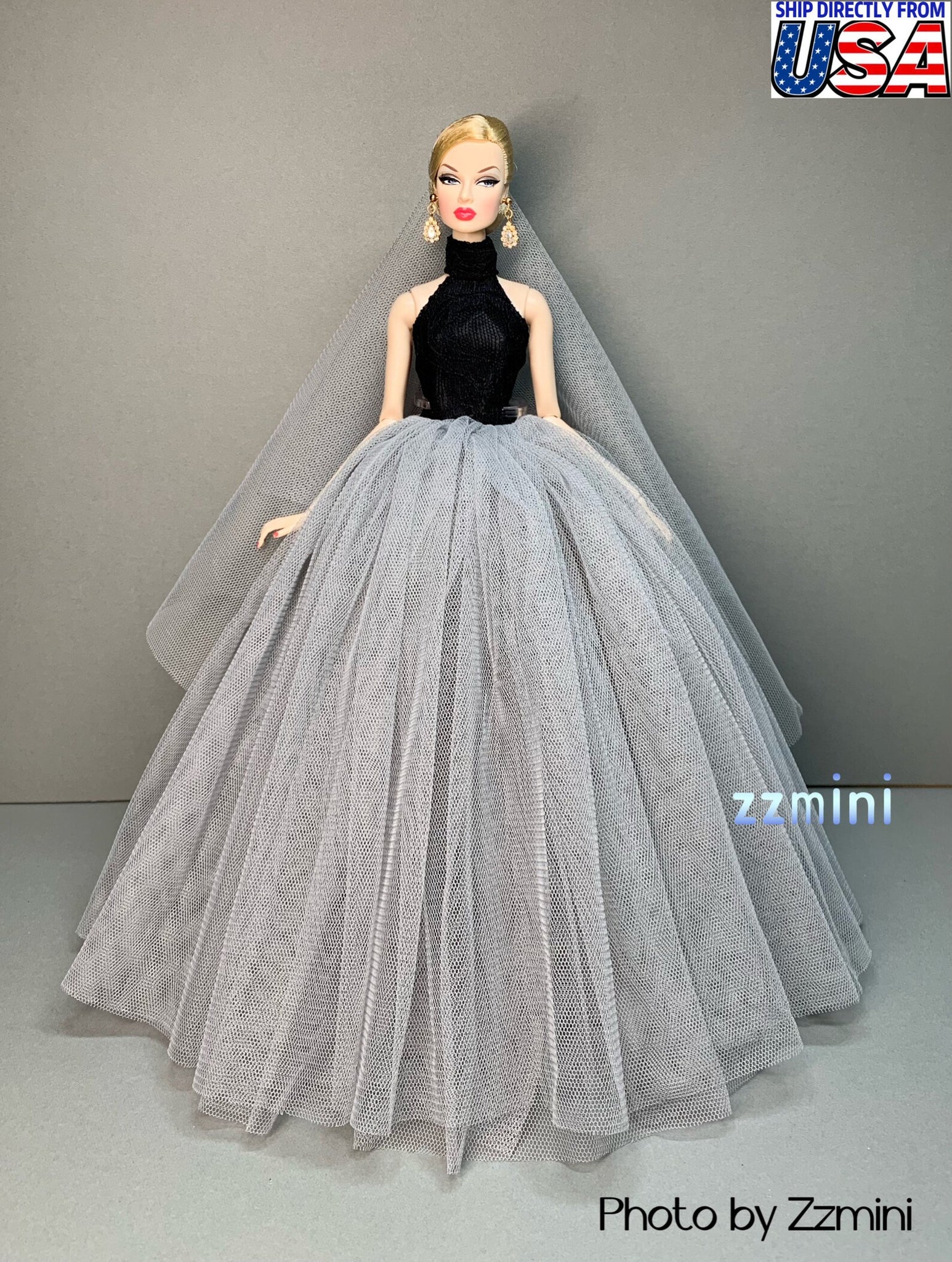 Fashion Doll Wedding Dress for 11.5in Long Evening Dresses Doll Clothes Black Grey Party Dress With Free Head Veil