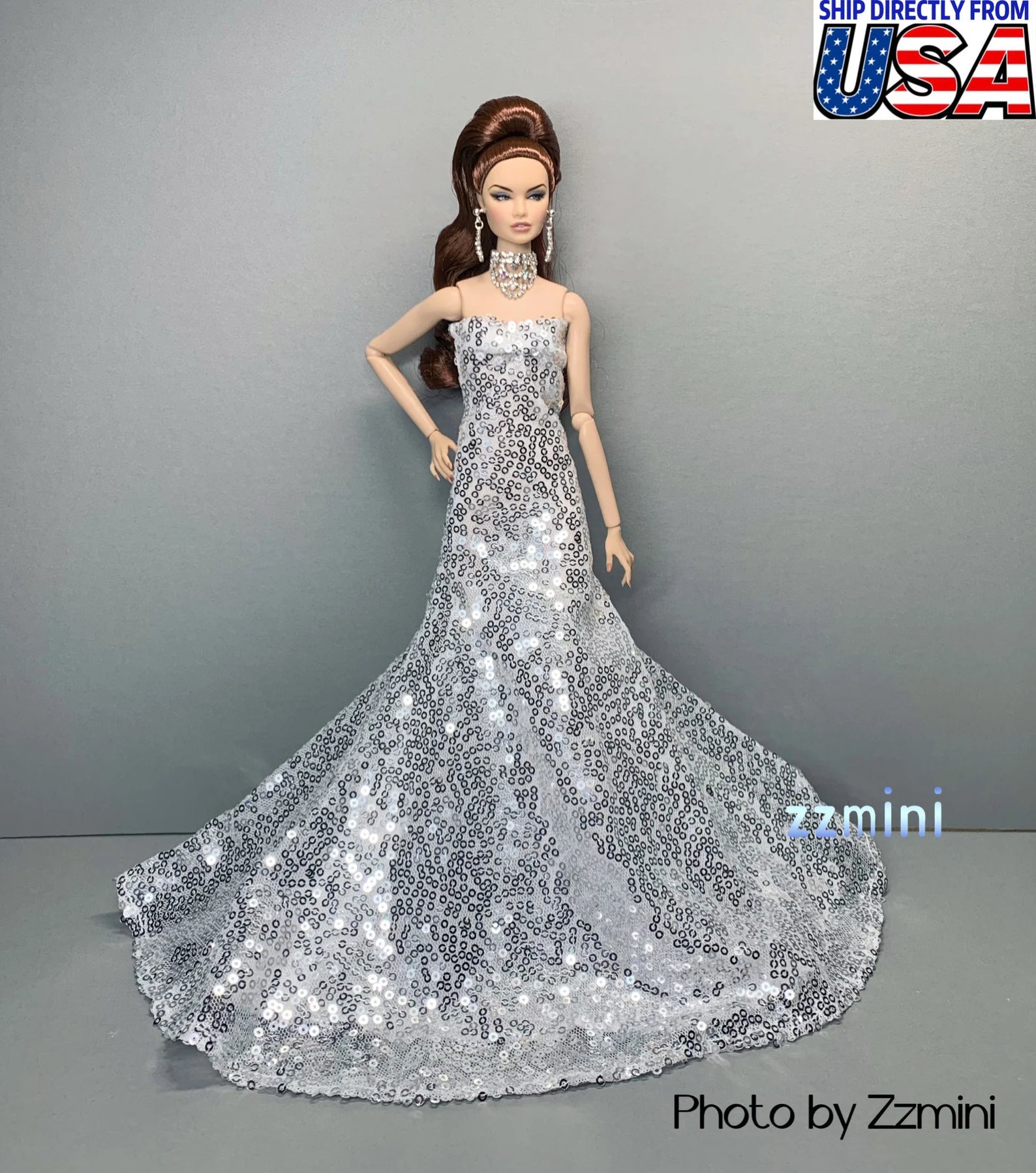 Silver Party Wedding Dress for 11.5inch Fashion Doll Princess Long Evening Dresses 1/6 Doll Clothes