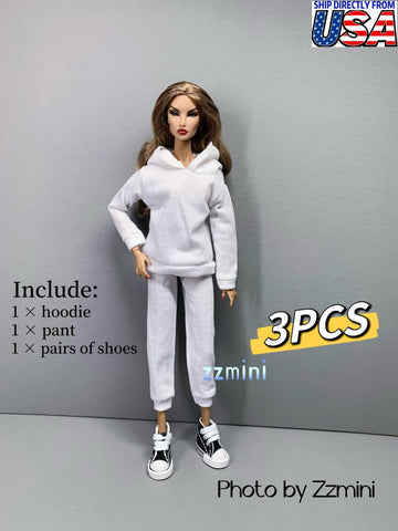 3PCS Handmade White Hoodie Pants With Shoes For 11.5inch Fashion Doll Princess Top Doll Clothes 1/6 Toy