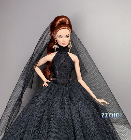 1:6 Fashion Doll Princess Wedding Dress for 11.5in Long Evening Dresses Doll Clothes Black Party Dress With Free Head Veil