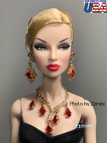 3PCS Handmade Fashion Doll Jewelry Rhinestones Red Earrings and Necklace Set Accessories