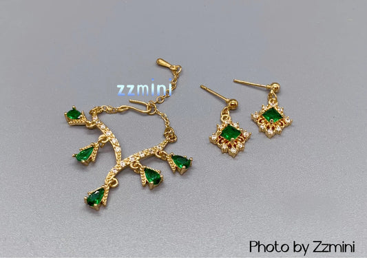 3PCS Handmade Fashion Doll Jewelry Rhinestones Green Earrings and Necklace Set Accessories