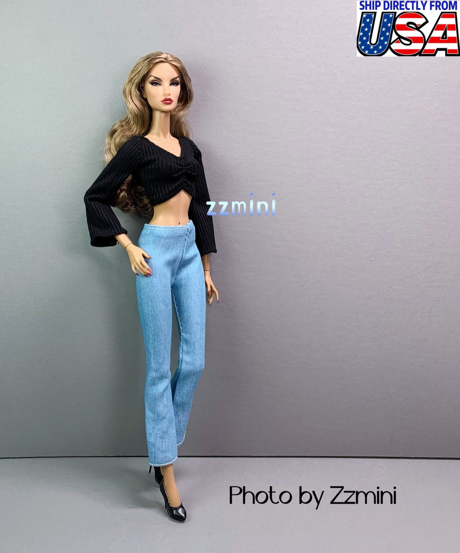 2pcs Handmade Black Sleeves and Jeans For 11.5inch Fashion Doll Princess Top Doll Clothes 1/6 Toy