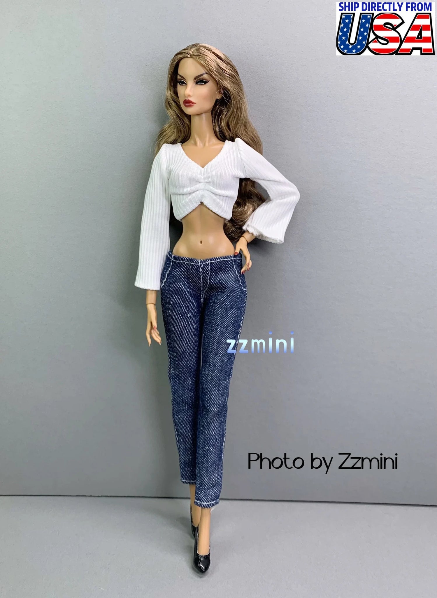 2pcs Handmade White Sleeves and Jeans For 11.5inch Fashion Doll Princess Top Doll Clothes 1/6 Toy