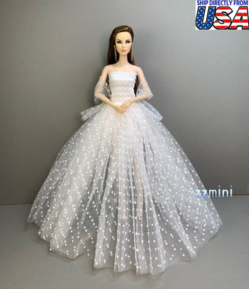 White Party Wedding Dress With Polka Dots for 11.5inch Fashion Doll Princess Gradient Color Long Evening Dresses 1/6 Doll Clothes