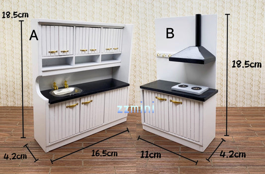 2pcs Kitchen Set Dollhouse White Miniature Cupboard Stove Sink Cabinet Furniture