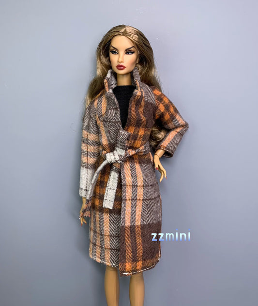 11.5'' Fashion Doll Check Print Front Trench Light Brown Long Wrap Coat Long Sleeve Mini Dress Outfit