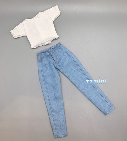 2pcs Handmade White Tee and Jeans Pant For 11.5inch Fashion Doll Princess Top Doll Clothes