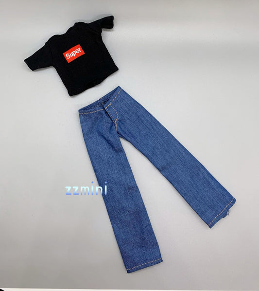 2pcs Handmade Black Tee and Jeans Pant For 11.5inch Fashion Doll Princess Top Doll Clothes