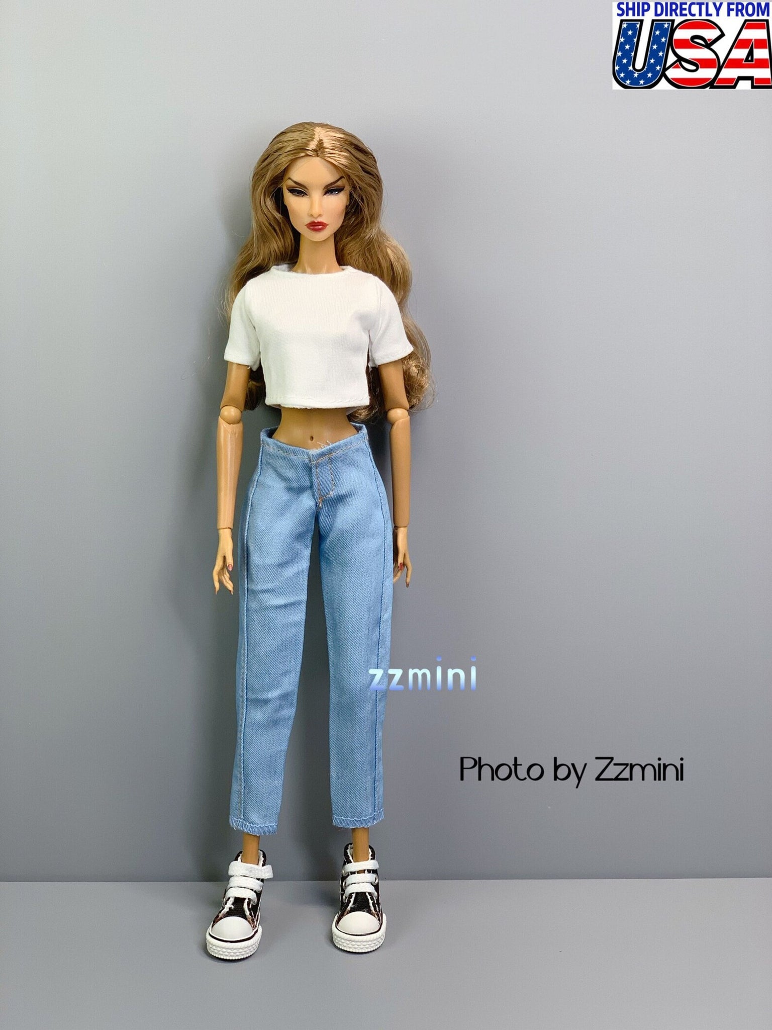 2pcs Handmade White Tee and Jeans Pant For 11.5inch Fashion Doll Princess Top Doll Clothes
