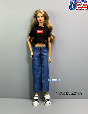 2pcs Handmade Black Tee and Jeans Pant For 11.5inch Fashion Doll Princess Top Doll Clothes