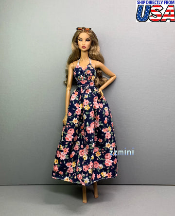 Floral Print Maxi Dress For 11.5inch Fashion Doll Princess Long Sleeveless Evening Beach Dresses For 1/6 Doll Clothes