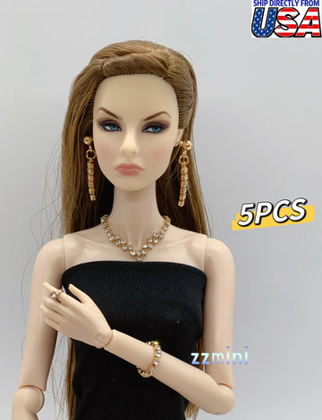 5PCS Handmade Fashion Doll Jewelry Rhinestones Earring Necklace Bracelet And Ring Set Accessories