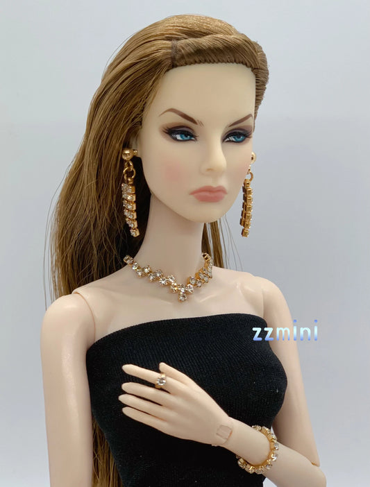 5PCS Handmade Fashion Doll Jewelry Rhinestones Earring Necklace Bracelet And Ring Set Accessories