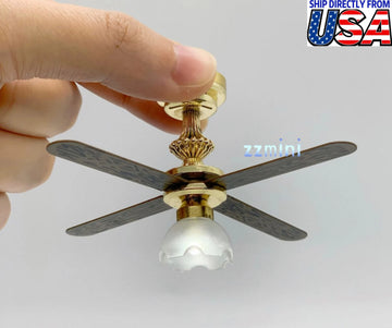 1/12 Dollhouse Miniature Battery Ceiling Fan Light With One Flower And 4 Blades Battery Use Decoration